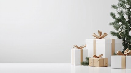 Modern 'Boxing Day Sale' design with minimalist holiday decorations, a few stylishly wrapped gifts, and space for text overlay on a clean white background.