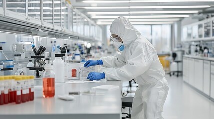 A hazmat suited lab worker carefully labeling a toxic substance container for proper storage and safety protocols in a scientific research or industrial laboratory setting