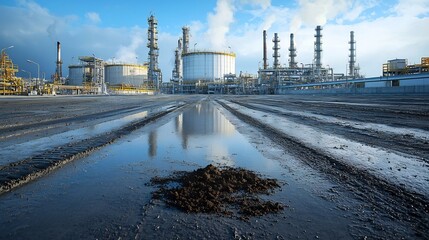 Obraz premium Toxic chemical spill leaking from a large industrial storage tank contaminating the surrounding soil with visible hazardous residue
