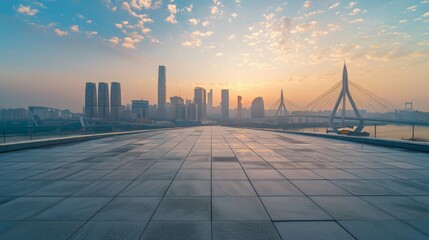 Fototapeta premium Empty square floor with city skyline background, Urban square with outdoor book fair, literary city scene