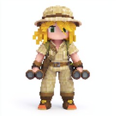 Naklejka premium Brave 8-bit Female Explorer NPC in Pixel Safari Outfit with Binoculars on White Background