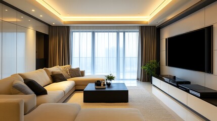 Modern Living Room Interior with Beige Sofa and Black Coffee Table