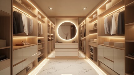 Modern Walk-in Closet with Warm Lighting and Marble Flooring