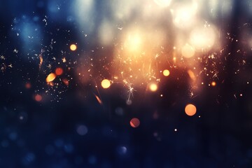 A blurry, out-of-focus background of dark blue with bokeh lights and fireworks in the foreground.