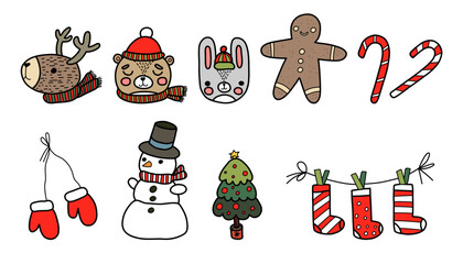 Hand drawn Christmas decor cartoon snowman, gingerbread man, bear, deer, hare, socks, caramel cane, fireplace, Christmas tree line set. Holiday ornament sketch doodle. Vector illustration isolated.