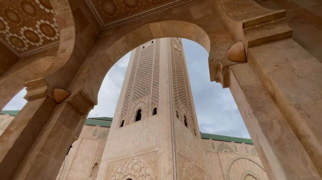 Low angle 4K video of The Hassan II Mosque largest mosque in Morocco.