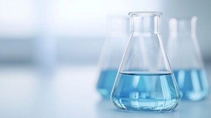 Laboratory Glassware Study, showcasing an array of medical and scientific chemical flasks, emphasizing a minimalist design in a clean, spacious environment.