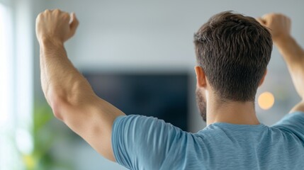 Unconventional Workout, A young man humorously attempting exercises in his living room, inspired by a television program, showcasing determination and a lighthearted spirit.