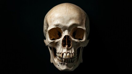 Obraz premium Human Skull Display, front view of a detailed skull with an open mouth, isolated against a deep black background, emphasizing intricate bone structure and shadows.