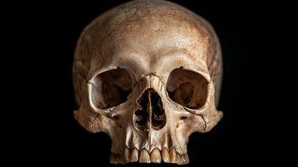Fototapeta premium Human Skull in Profile, detailed front view of an open mouth skull, stark contrast against a black background, emphasizing the intricate bone structure and unique features.