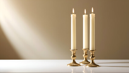 Three slender white candles set on ornate gold candlesticks sit on a table.