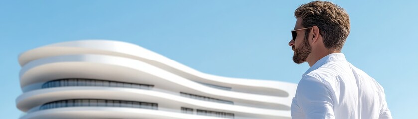 Obraz premium A stylish man in sunglasses admires modern architecture against a clear blue sky.