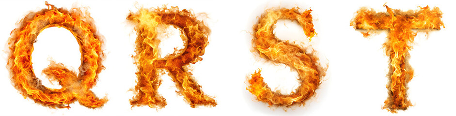 Set of letters from Q-T made of fire on a white background.