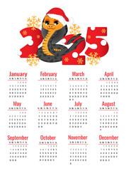 Calendar for 2025 with symbol of the year. Cute snake on white background. Week starts on Sunday.
