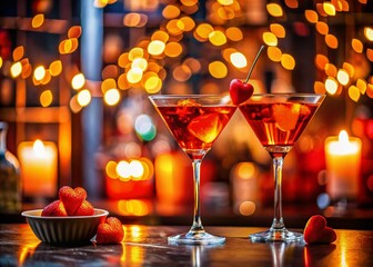 Festive Valentine's Day Cocktails: Aperol Spritz and Red Martini Glasses with Love Hearts in a Romantic Bar Setting for Party Restaurant Advertising