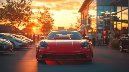 Fototapeta premium Red car in parking lot near luxury modern shopping mall with other cars