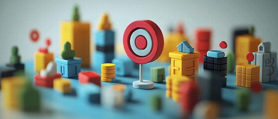 Marketing Icons 3D Model with Target Symbol for Audience Segmentation Concept