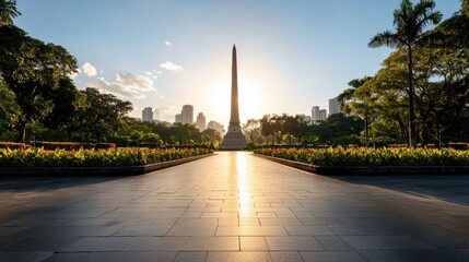 Fototapeta premium Wide-angle shot of the Jose Rizal Monument in Rizal Park, Manila, with clear skies and the iconic obelisk and statue standing tall against the backdrop of lush greenery