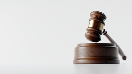 A side angle of a wooden gavel positioned on its podium on a white background, highlighting its craftsmanship and significance in the legal system