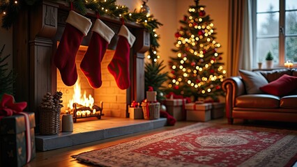 Cozy Christmas Living Room With Decorated Tree, Stockings, and Warm Fireplace in a Festive Atmosphere During the Holiday Season