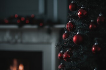 A Christmas tree adorned with red ornaments stands in front of a fireplace on a wooden table, with a blurred background.