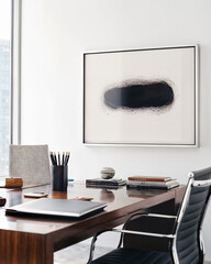 Modern executive office featuring a sleek wooden desk, leather chair, and abstract wall art for a sophisticated workspace