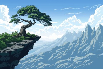 Fototapeta premium Solitary Bonsai Tree Growing on a Cliff Overlooking a Mountain Range