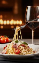A plate of pasta carbonara with bacon and parmesan served inside a white ceramic plate on a wooden table with a glass of red wine in front of a burning fireplace