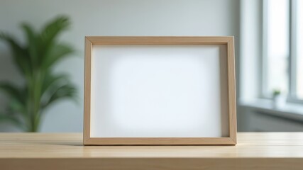 white sheet of paper for text with wooden frame stands in a bright cozy room