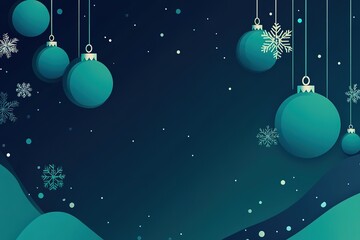 Stylish Christmas background with hanging teal green baubles and snowflakes on a dark blue backdrop