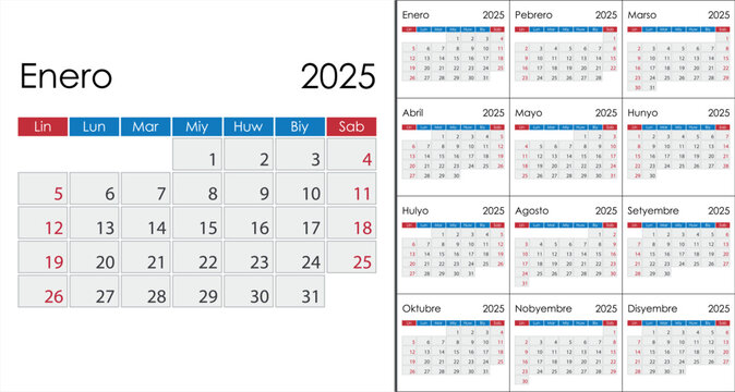 Calendar 2025 on Filipino language, week start on Sunday