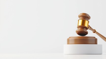 Minimalist shot of a gavel on its podium against a white background, symbolizing fairness and authority in a clean, uncluttered composition.