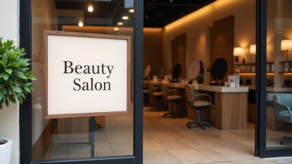 mockup of a white advertising stand with the inscription beauty salon standing at the entrance