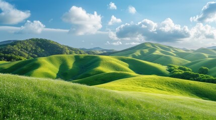 Fototapeta premium Scenic View of Rolling Green Hills on a Sunny Day with Blue Sky and White Clouds. Ideal for Nature, Landscape, and Travel Concepts
