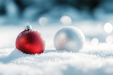 Christmas background with snowflakes and red Christmas ornaments. Beautiful Christmas decoration. White, silver, and red color palette