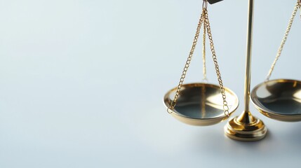 A close-up of a polished brass legal scale on a pure white background, highlighting its reflective surfaces and balance