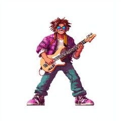 Fototapeta premium Pixelated Cool Musician NPC Male Character Model with Guitar and Stylish Attire on Isolated White Background
