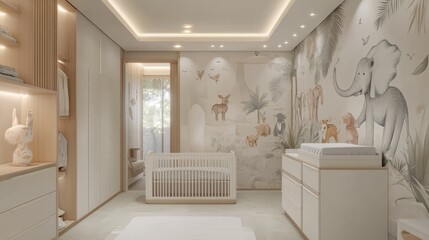 Modern Nursery Interior with Jungle Animal Wallpaper
