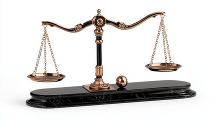 Minimalist composition of a legal scale on a white background, with one side slightly tilted, symbolizing the delicate balance of justice.