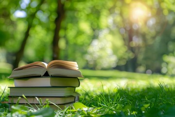 A tranquil stack of open books resting on lush green grass under soft sunlight, inviting readers to escape into the world of literature and nature's beauty.