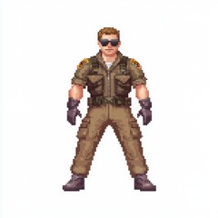 Fototapeta premium Retro 8-Bit Pilot NPC Character Model in Flight Suit with Aviator Sunglasses on White Background