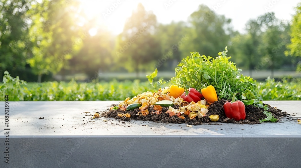Poster vegetable peels and food waste composting in a thriving community garden emphasizing sustainable eco