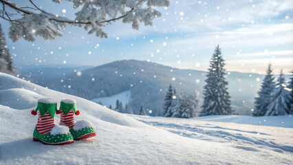 Festive green and red elf shoes in the snow with a winter landscape and falling snowflakes
