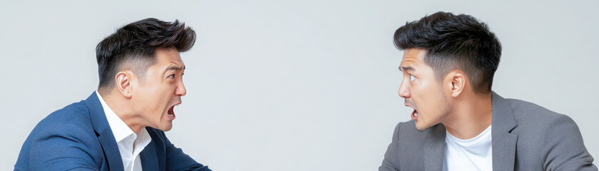 Obraz premium Investing mistake fail business and volatility Concept, Two men in business attire are arguing passionately while facing each other against a neutral background.