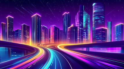 Fototapeta premium 未来都市のネオンライトと光の軌跡