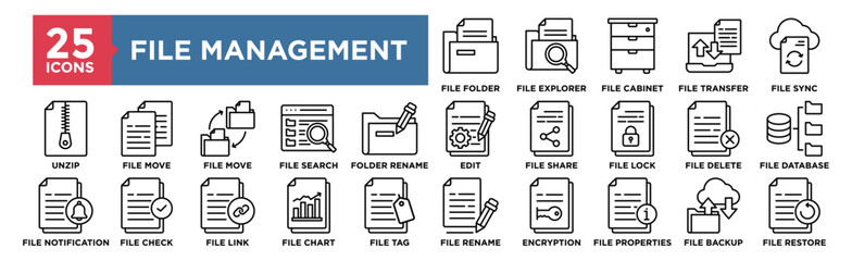 File Management icon collection set. Containing design File Folder, File Explorer, File Cabinet, File Transfer, File Sync