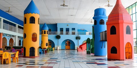 Recreation area in shopping center with colorful playground equipment.