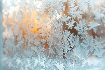 Intricate Frost Patterns on a Window During a Cold Winter Morning with a Soft Golden Light Peeking Through the Ice Crystals Creating a Serene Atmosphere