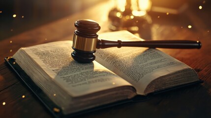 A gavel positioned on an open constitution book on a wooden desk, with warm lighting creating a professional atmosphere.