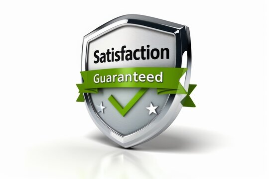 Silver Satisfaction Guaranteed Badge with Green Ribbon and Checkmark for Quality Assurance in Customer Service and Product Promotion